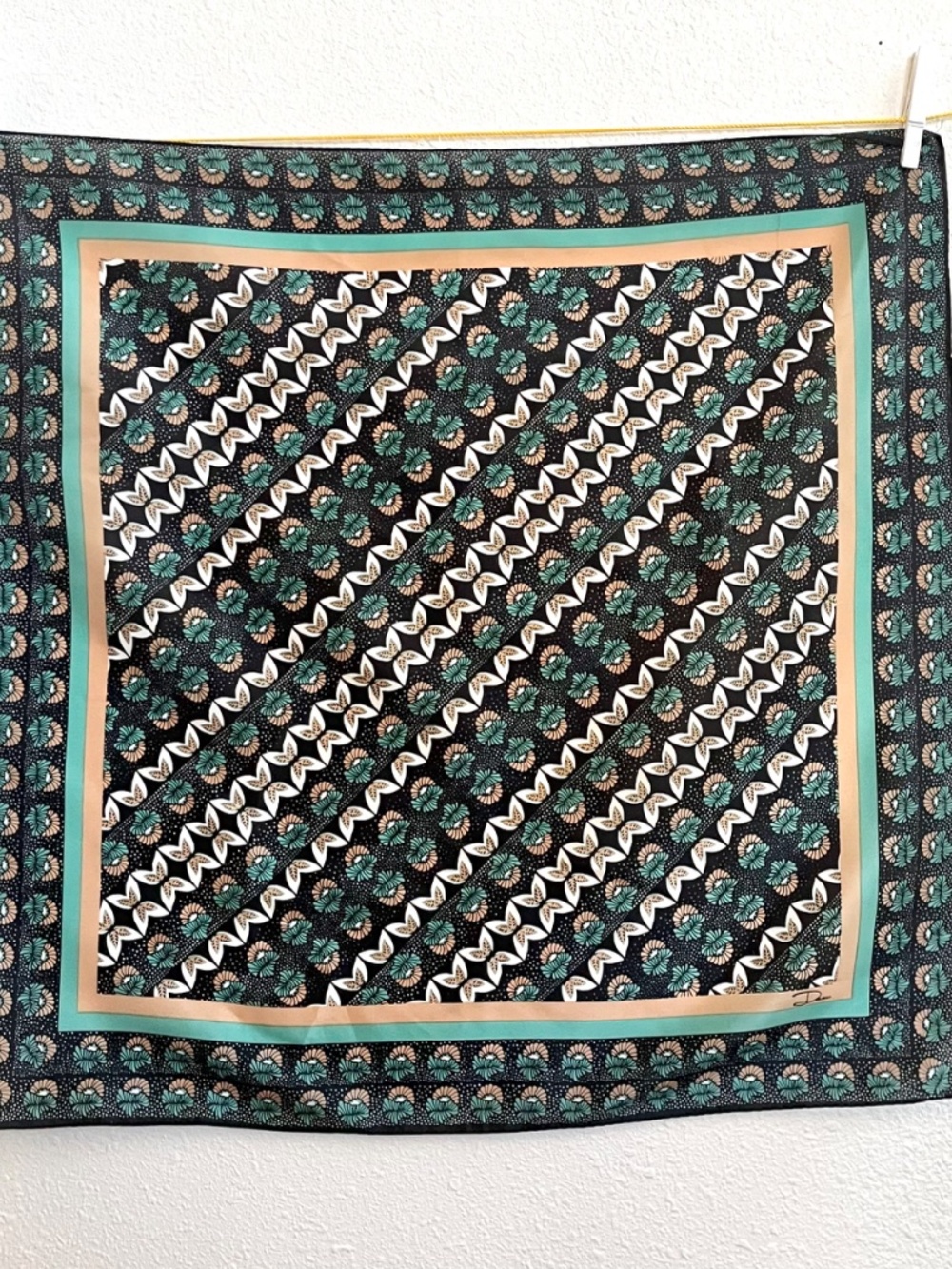 Vintage 1980's Square Desco Scarf - 23", Like New - Black, Green, Beige